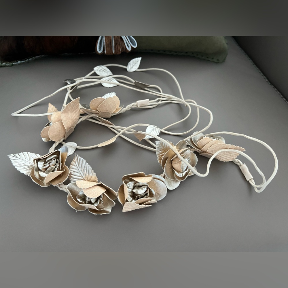 Floral Headband with Beige & Silver Metallic Gold Flowers